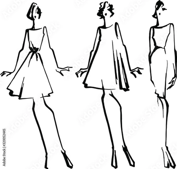 Obraz Vector linear hand drawn sketch of different silhouettes of female dresses . Black ink. Fast sketch, Fashion illustration for clothes design.