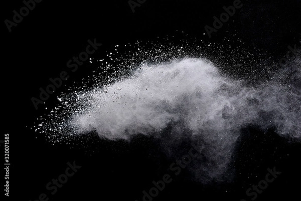 Fototapeta Freeze motion of white color powder exploding on dark background. 