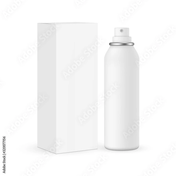 Fototapeta Spray bottle mockup with box, isolated on white background. Vector illustration