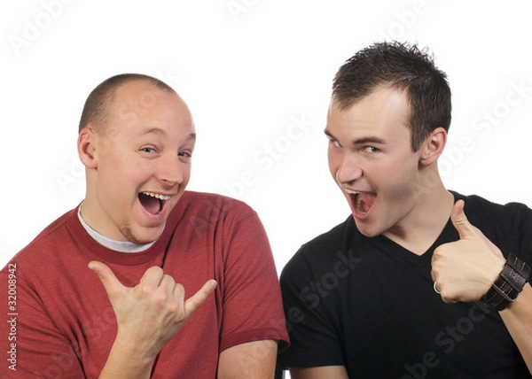Fototapeta Two young men making “call me” gesture