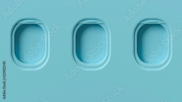 Fototapeta Airplane windows concept, pastel 3d illustration. Blue background, plane illuminators front view, travel minimalist interior. Cabin inside concept, tourism background. Porthole flight window.