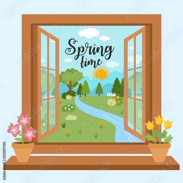 Fototapeta Spring Time greeting card. Open window overlooking the spring landscape. Pot with flowers other spring elements. Spring illustration.
