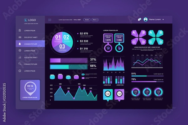 Fototapeta Dashboard UI. Admin panel vector design template with infographic elements, HUD diagram, info graphics. Website dashboard for UI and UX design web page. Dark style. Vector illustration.