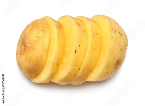 Fototapeta Creative young potato slice isolated on white background. Harvest new. Perfectly retouched, full depth of field on the photo. Flat lay, top view