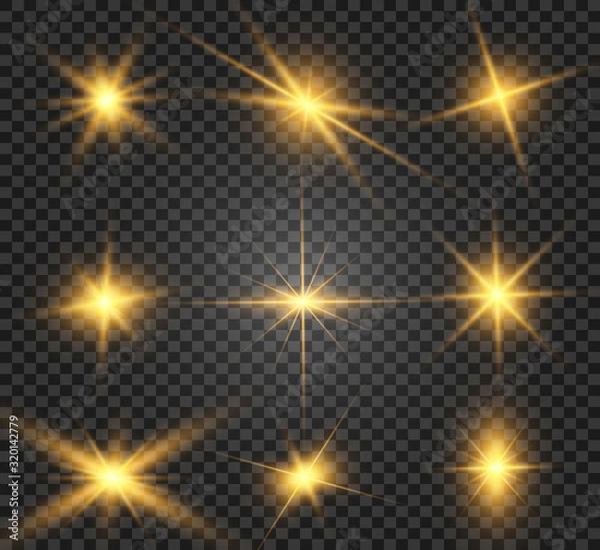 Fototapeta Set of bright beautiful stars. Light effect. Bright Star. Beautiful light to illustrate. Christmas star. White glitter sparkles with special light effect. Vector sparkles on a transparent background.