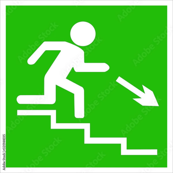 Obraz fire safety sign, direction to the evac exit on the stairs.Vector illustration