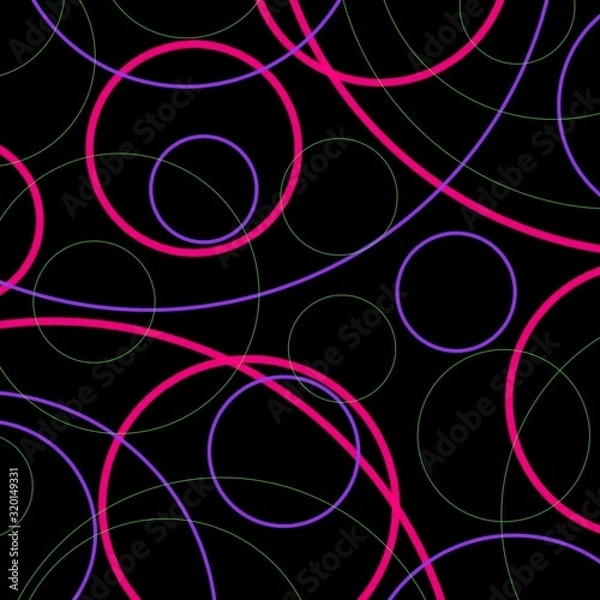 Fototapeta Contour circles of different sizes of bright pink, green and purple on a black background
