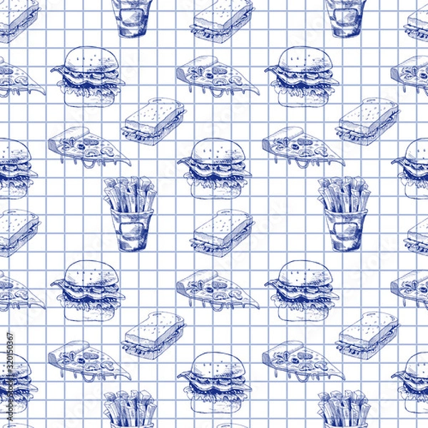 Fototapeta Hand drawn fast food pattern. Burger, pizza, french fries detailed illustrations. Great for school cafe menu or banner. Squared paper.