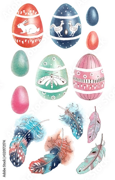 Fototapeta watercolor illustration - Easter eggs with a pattern and feathers
