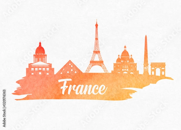 Fototapeta France Landmark Global Travel And Journey watercolor background. Vector Design Template.used for your advertisement, book, banner, template, travel business or presentation.