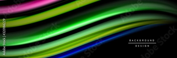 Fototapeta Silk and smooth flow wave poster design. Color waves, liquid style lines and shapes in black color background