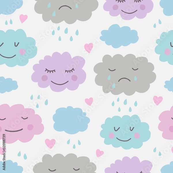 Obraz Cute hand drawn seamless pattern with clouds. Background for kids with smiling clouds. Vector illustration