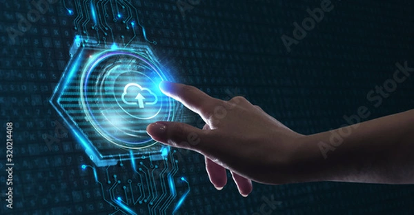 Fototapeta Cloud computing concept. Business, technology, internet and networking concept. Young businessman select the icon Cloud on the virtual display.