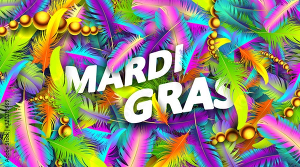 Obraz Mardi gras carnival banner with bird feathers and necklace poster isolated on white background. Use for greeting card, web, flyer, ad, ads. - Vector