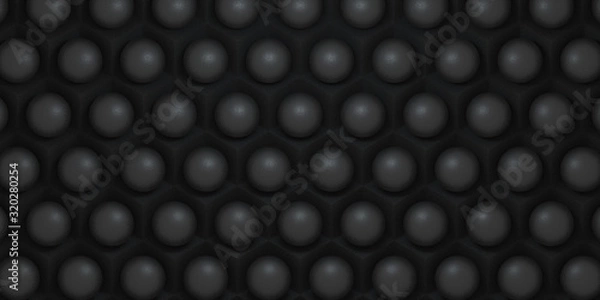 Obraz 3d illustration of abstract pattern of black cubes and spheres. Hexagonal background with large number of black primitives. Cellular, black 3d panel. 3d render of wall texture, hexagonal clusters.