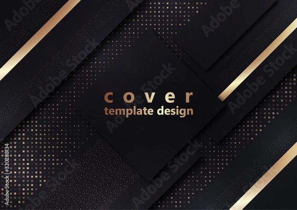 Fototapeta Black geometric shapes on a background of halftones from squares. Inclined stripes and small particles of gold color. Universal template for cover design, business card, flyer.