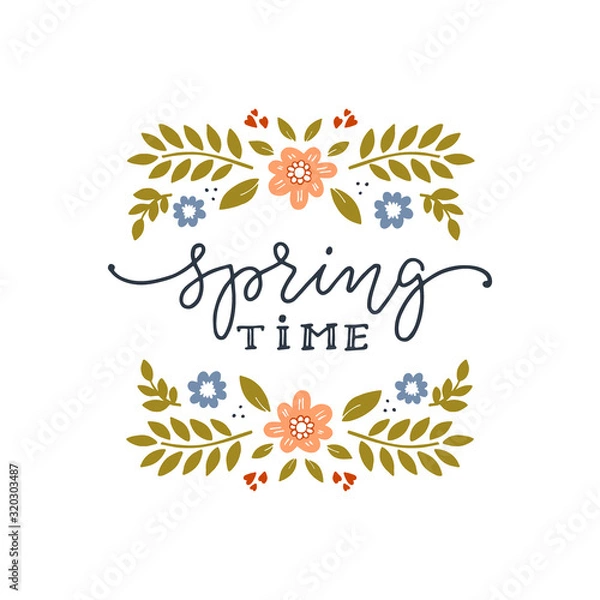 Fototapeta Flowers, butterflies and lettering. Hello spring greeting card