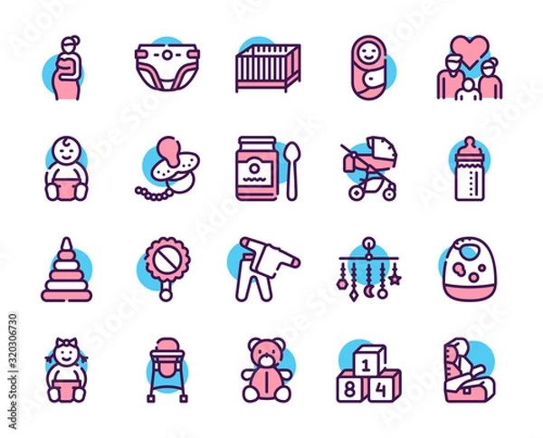 Fototapeta Birth of a child color linear vector icons set. Editable stroke.