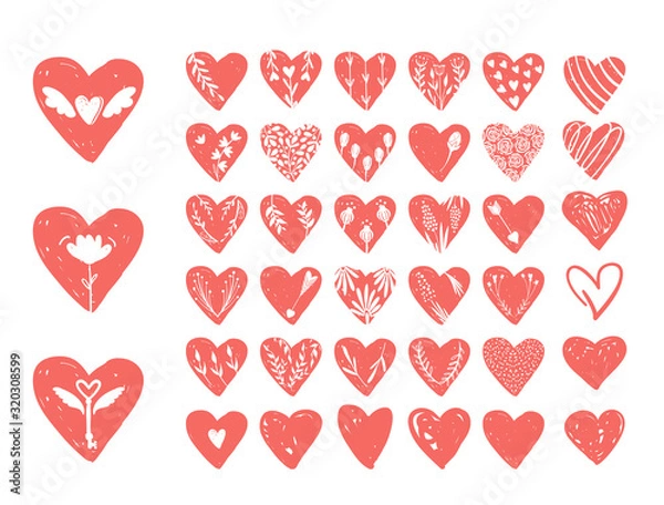Fototapeta Vector collections of hand drawn hearts isolated on transparent background. Love valentines day clipart. Heart shape decorated floral elements: rose, tulip, key with wings, arrows