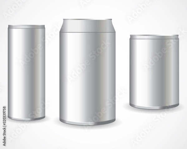 Obraz Realistic metal cans. Aluminum bear soda and lemonade cans, energy drink blank mockup.