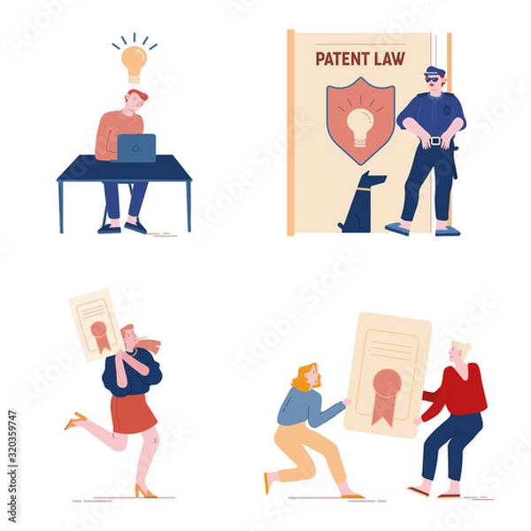 Fototapeta Patent Law Set with People Authors Create Mental Products and Protecting their Rights for Authorship. Safeguard with Dog Stand near Huge Book with Shield and Lamp Icon Cartoon Flat Vector Illustration
