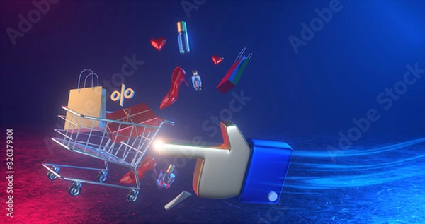 Fototapeta Concept of e-commerce sales, online shopping, Annual discount, digital marketingr. All live in a futuristic atmosphere. 3D render.	