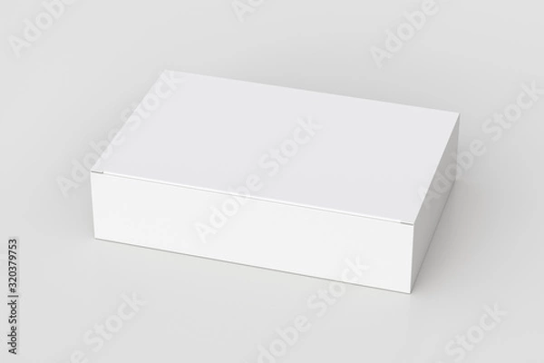 Fototapeta Blank white wide flat box with closed hinged flap lid on white background. Clipping path around box mock up. 3d illustration