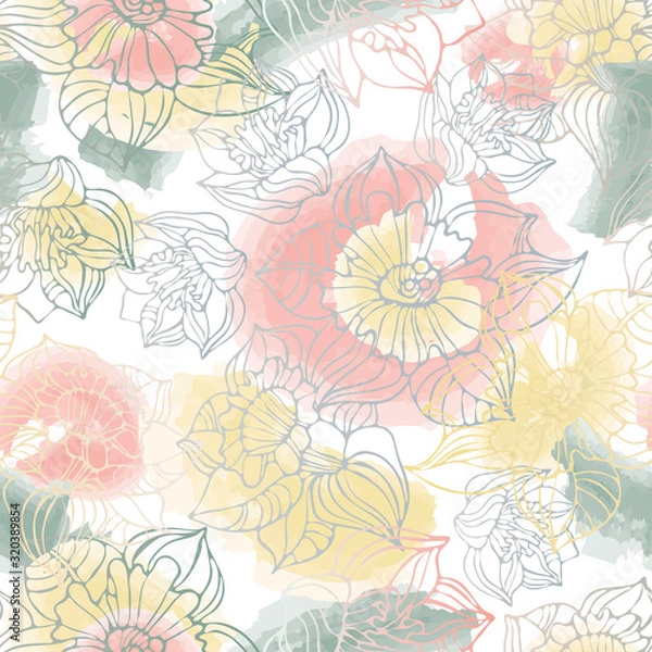 Fototapeta Seamless vector pattern of decorative lined lush daffodils. Can be used for printing on paper, stickers, badges, bijouterie, cards, textiles. 