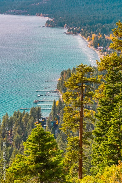 Fototapeta Views of the shores and docks of Lake Tahoe from Historic Stateline Fire Lookout
