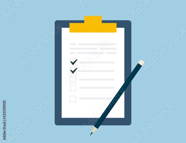 Fototapeta Clipboard. Clipboard with checklist. Clipboard border vector web icon isolated on blue background, EPS 10, top view