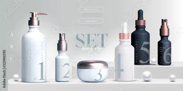 Fototapeta Vector 3D elegant cosmetic products set background premium cream jar for skin care products. Luxury facial cream. Cosmetic ads flyer or banner design. Cosmetic cream template. Makeup products brand.