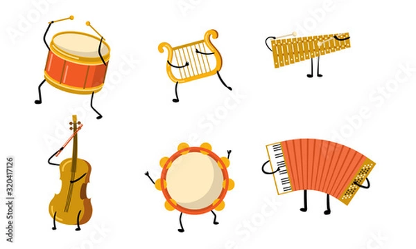 Fototapeta Different musical instuments characters with hands and legs vector illustration