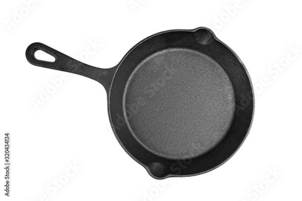 Fototapeta Cast iron pan with handle isolated on white background, top view. One black empty frying skillet. Kitchen equipment, cookware