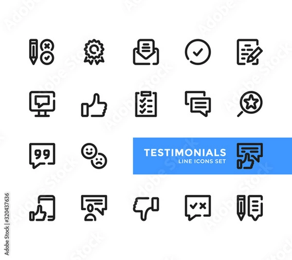 Fototapeta Testimonials line icons set. Pixel Perfect. Modern outline symbols collection, minimal style simple linear graphic design elements. Vector line icons