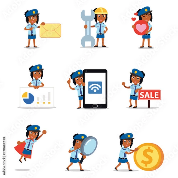 Fototapeta Set of character woman police in manage the traffic jam.