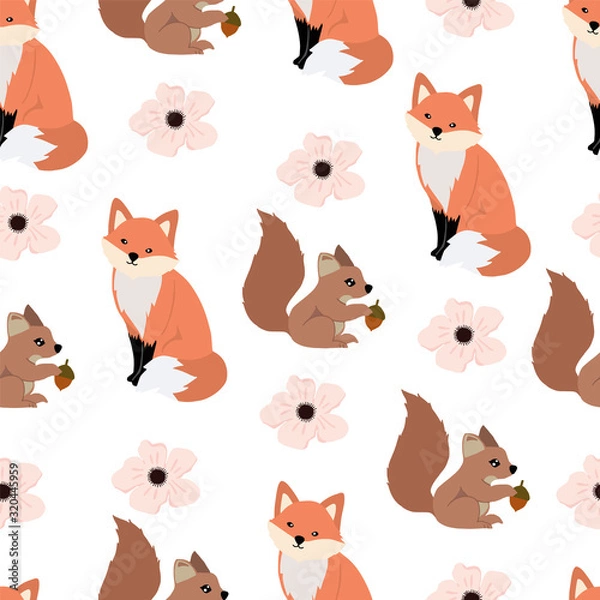Fototapeta Cute woodland background with squirrel,fox.Vector illustration seamless pattern for background,wallpaper,frabic.Editable element