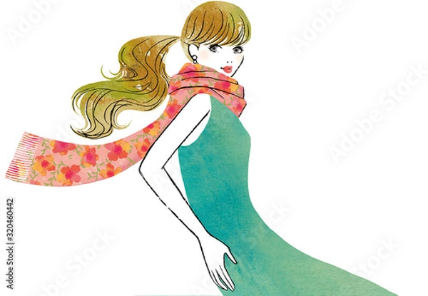 Fototapeta 花柄のスカーフが揺れる女性