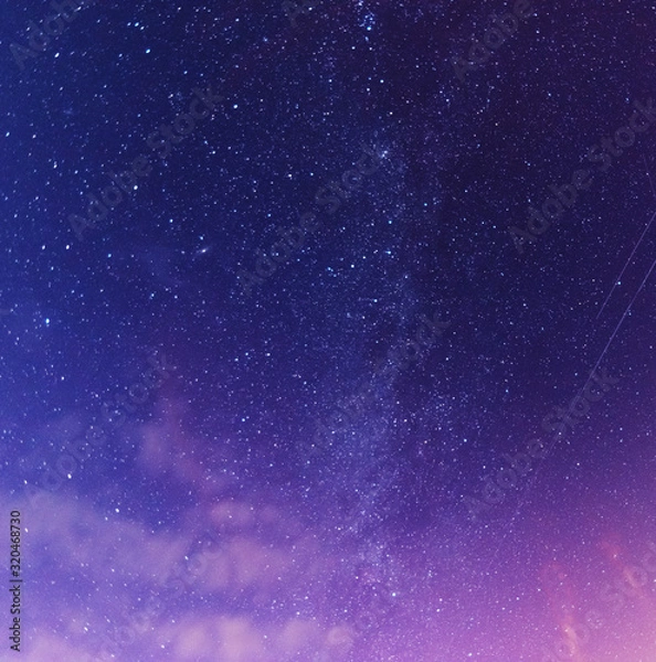 Fototapeta A magical starry night on the river bank with a large tree and a milky way in the sky and falling stars