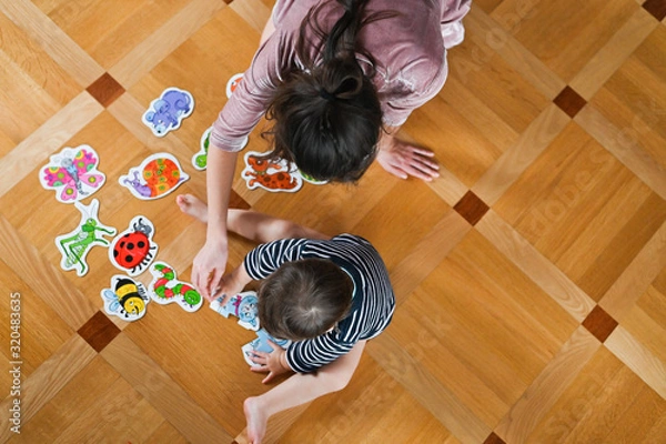 Fototapeta Mom and baby study insects. Mother teaches a child. View from above. Baby boy and insects. Flat lay