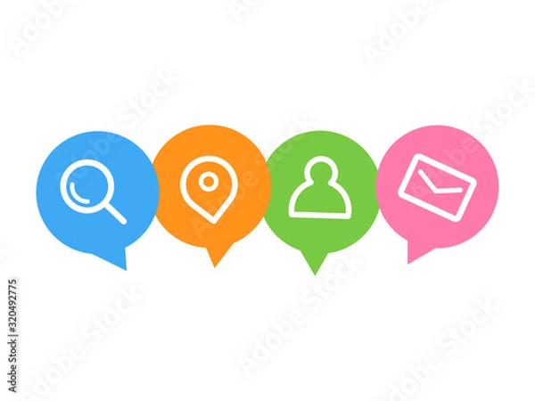 Fototapeta Contact us symbols set with email,location,searching,massage icons on colorful bubble text