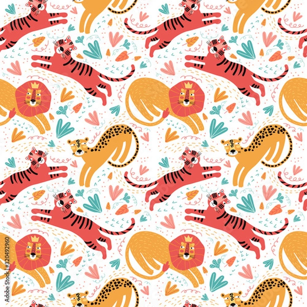 Fototapeta Seamless pattern wild animal and tropic plants. Funny cartoon character tiger, leopard, Jaguar, lion. Background cute wild cats in the jungle and safari. Scandinavian style flat design