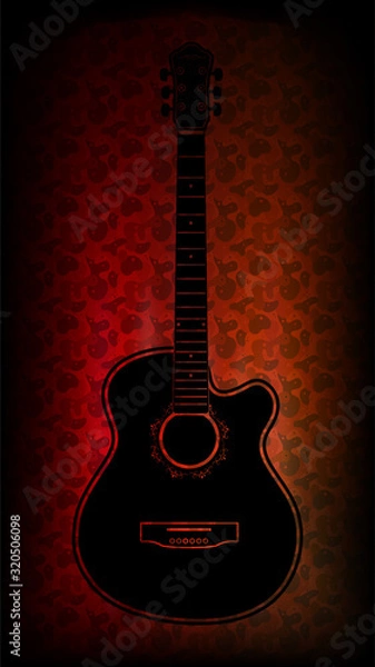 Fototapeta Black silhouette of a vertically positioned guitar on an abstract background of a red color guitar.