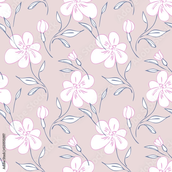 Obraz Pink Flowers Seamless Pattern. Hand Drawn Vector Background.
