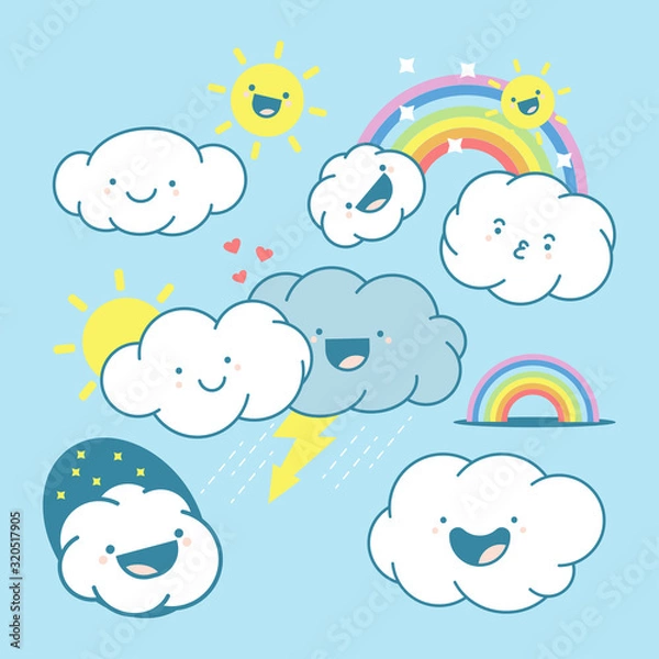 Fototapeta Cute cloud, sun and rainbow vector cartoon characters set isolated on a white background.