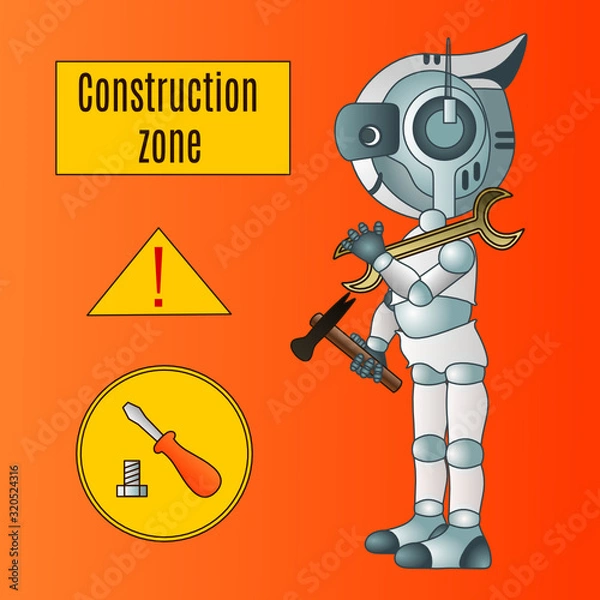 Fototapeta robot repair worker stands and holds in one hand a wrench, and a sudden hammer, vector illustration on isolated background with text Construction zone, exclamation mark and screwdriver and bolt icon