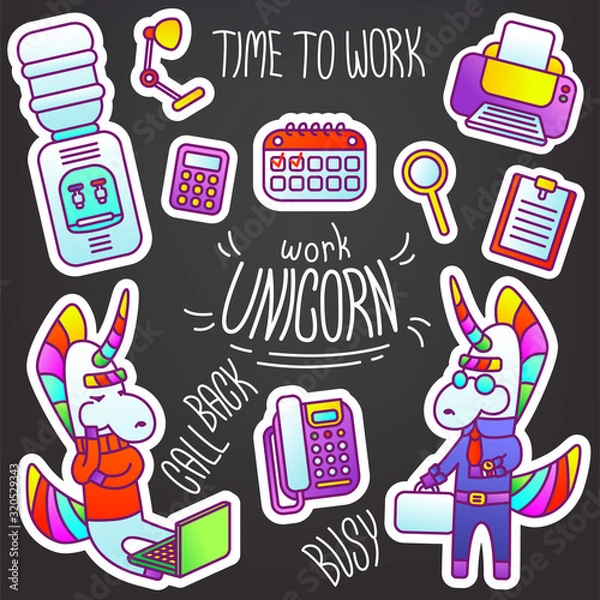 Obraz Set of vector stickers Unicorn work. Laptop, phone, calendar, water cooler, table lamp, magnifier, printer, document, calculator, suit, suitcase, watch, business, time to work, busy, office
