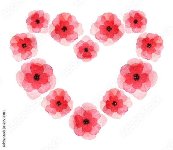 Obraz Elegant hand drawn watercolor florals element combined into a heart frame. Valentine's love symmetric design. Bright and pastel red loose watercolour flowers