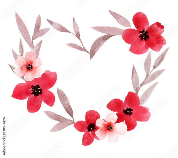 Obraz Elegant hand drawn watercolor florals element combined into a heart frame. Valentine's love design. Loose watercolour red poppy and pastel pink flowers with brown leaves