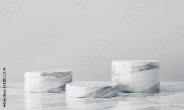 Fototapeta White geometric marble podium with bright background. Product presentation. 3d rendering - illustration.