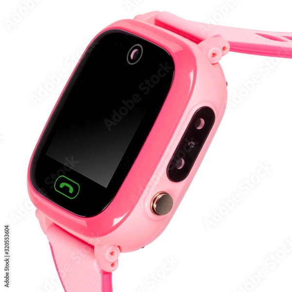 Obraz Smart watch for children in pink with a flat blank black screen for inscriptions, a call button, a video camera with a silicone strap isolated on white background. Three quarter view close up